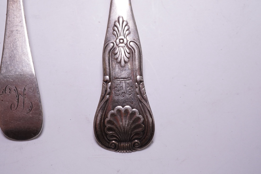 Five assorted 19th century Scottish silver condiment spoons, various dates and makers, a pair of George III silver sugar tongs, two other small silver spoons, 4.9oz and a silver plated preserve spoon. Condition - poor to